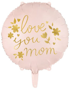 Love You Mom - Rund Askerosa Folieballong med Gullskrift 35 cm